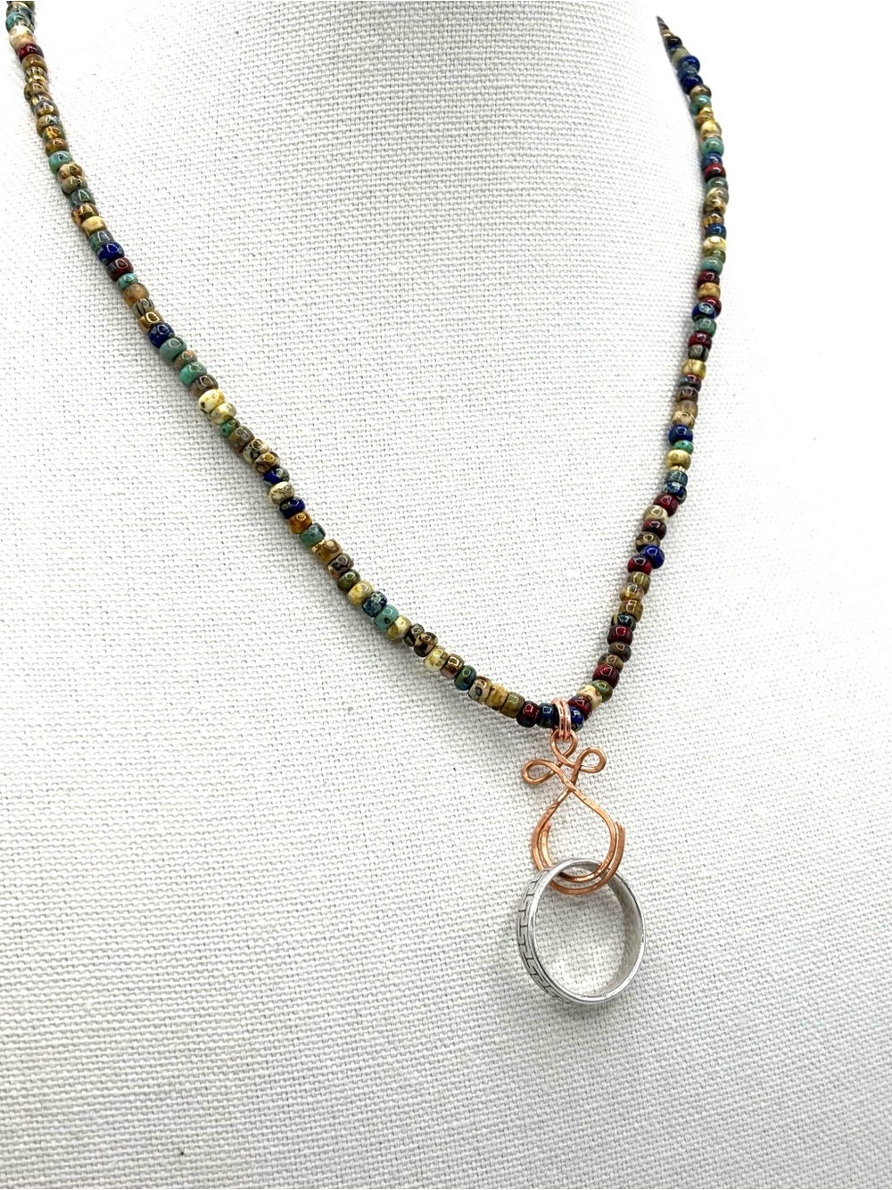 Multicolor Beaded Ring Holder Necklace with Copper Wire Pendant - Picture 3 of 7